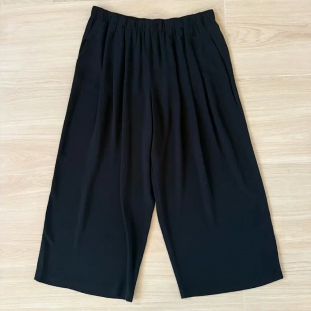 NWT Eileen Fisher Black Silk Georgette Crepe Wide Leg Ankle Pant L - Picture 2 of 5